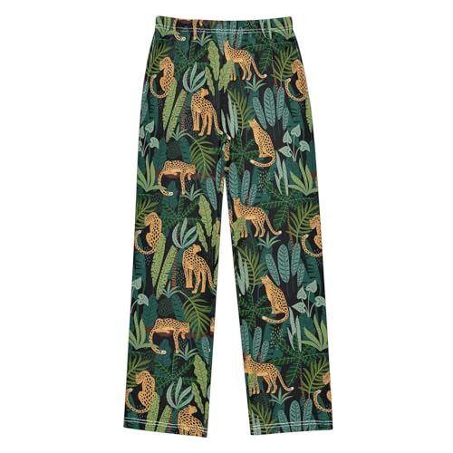 ZZXXB Leopard Palm Leaves Boys Long Pants Soft Trousers Elastic Waist Kids Lounge Bottoms with Pockets S-XL
