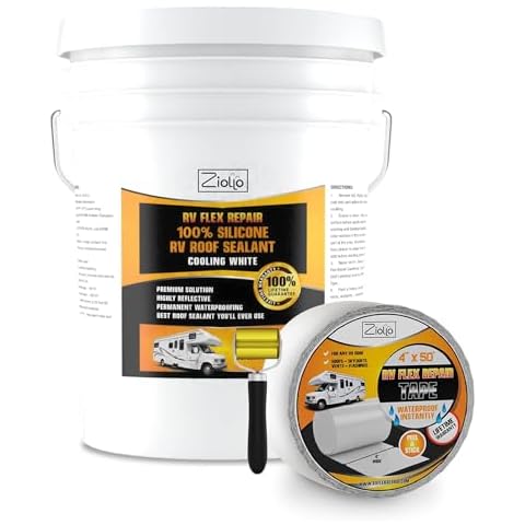 Ziollo RV Flex Repair 100% Silicone RV Roof Sealant Coating for EPDM Rubber, Metal, Fiberglass, Waterproof, Motorhome, Trailer, Camper (White, 5 Gallon & 1-4" x 50' Roof Tape) Cover
