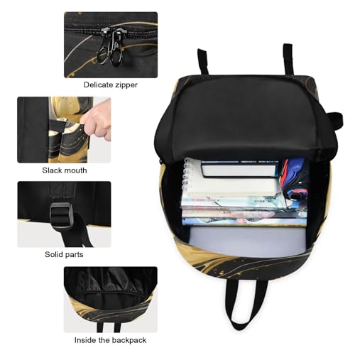 Backpack Lunch Box Set Large Capacity Travel Backpacks and Insulated Lunch Bag for Commute Hiking Picnic Gold Black Marble Print3