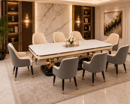 Image of 8-Seater Dining Table with Nano Composite Marble Top and PVC Golden Wooden Base |2yr Warranty - Includes 8 Fabric Upholstered Chairs