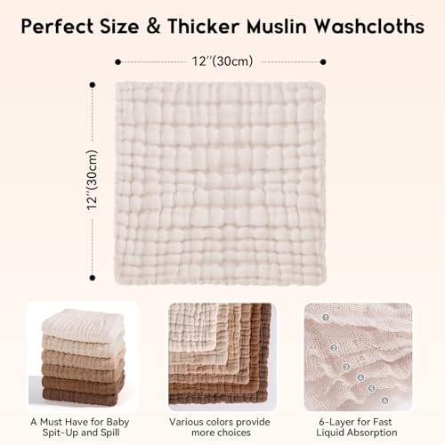 Image of Unnivoll Muslin Burp Cloths Baby 12''X12'', Baby Washcloths 6 Pack, 100% Cotton Baby Wash Cloths Absorbent and Soft for Newborn Infants Kids Boys Girls - Gradient Brown