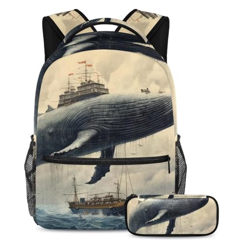 Cartable baleine de l'océan grand ensemble 2 pièces style artistique vintage large