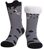 FNOVCO Cat Socks Fuzzy Slipper Socks for Women with Grippers, Cozy Warm Sherpa Lined Slipper Socks (Grey&Black, 10-12)