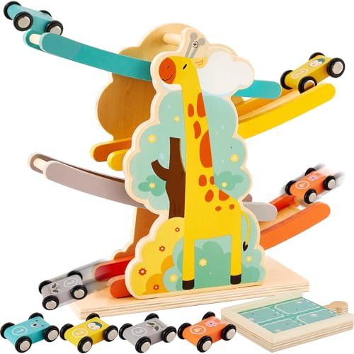 HERSITY Rampa Coches Juguetes Madera con 4 Mini Coches, Pista de Auto Niño en Zigzag, Educativos Regalo con Patrón de Animales para 3 4 5 Años