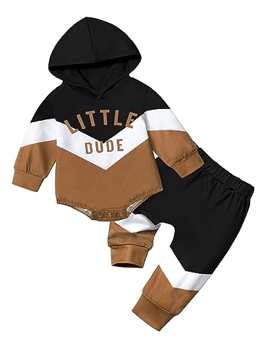Image of AGAPENG Baby Boy Clothes Color Block Oversized Hoodie Sweatshirt Onesie Romper Long Pants Sweatsuit Fall Winter Outfits Set