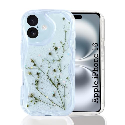 Image of KC Back Cover for Apple iPhone 16 - Curly Wave Flexible Floral Dried Pressed Epoxy Real Flowers Dry Fixed Glitter Soft Silicone Camera Protection Case (Transparent)