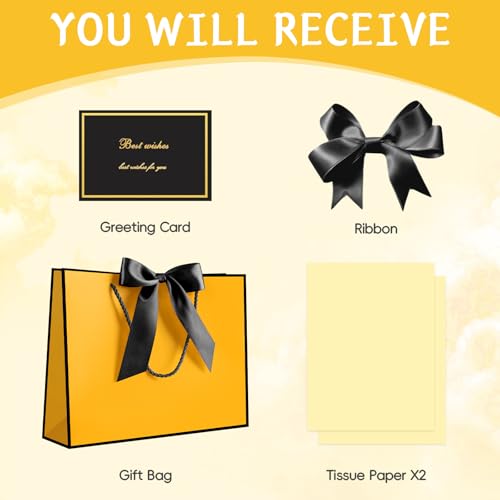 Image of JMANNI Gift Bags with Handles, 13 inch Medium Gift Bag for Presents, 1 Pcs Bags with 2 Tissue Paper and 1 Cards for Baby Shower Wedding Bridal Shower Mother's Day Birthday Party (Yellow-Black