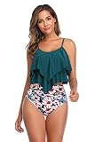 URVIP Damen Bikini Sets Rüschen Badeanzug Zweiteilige Bademode mit Hohe Taille Bikinihose Strandmode Grün-Rosa Blumen S