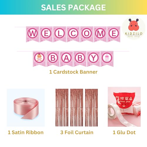 Image of 57 Pcs Welcome Baby Girl Decoration Kit | Balloons, Banner, Curtains, Foils, Stars, Hearts, Ribbon & Confetti for Baby Shower & Newborn Celebration Set 15