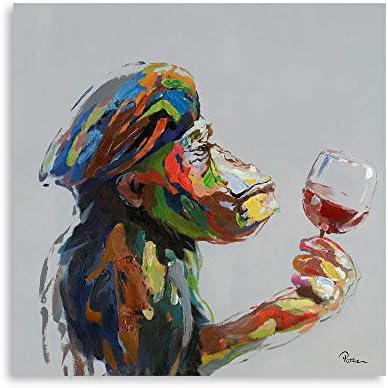 Yidepot Monkey Wall Art Canvas Thinking: Handpainted Monkey Painting on Canvas Drinking Wall Decor for Living Room Office Framed Ready to Hang (12"x12"x1 Panel)