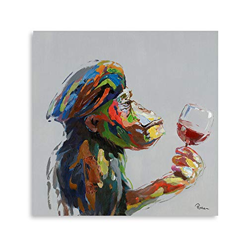 Yidepot Monkey Wall Art Canvas Thinking: Handpainted Monkey Painting On Canvas Drinking Wall Decor For Living Room Office Framed Ready To Hang (12"X12"X1 Panel) #TOP3