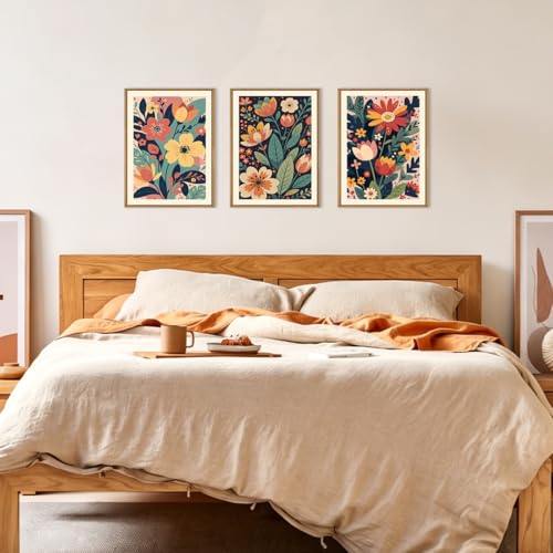 Image of KAIRNE Vintage Colorful Floral Framed Canvas Wall Art Set,Mid Century Modern Flower Wall Decor,Retro Wildflower Art Prints,Boho Botanical Artwork for Living Room,Bedroom,Farmhouse,Office-12 x16 x3