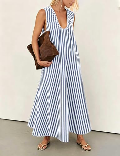 Image of OLAPTA Women Summer Sleeveless Maxi Dress Scoop Neck Ruched Loose Fit Casual Elegant Solid Vacation Long Dress with Pockets