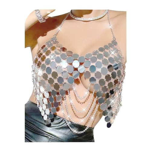 Silver Rave Outfits for Women Chain Top Sequin Rave Tops for Concert , Body Chain Top Rave Tops for Women, Sequin Crop Top Sparkly Silver Bikini Top, Glitter Dots Chest Bra Chain Nightclub Beach Party Prom