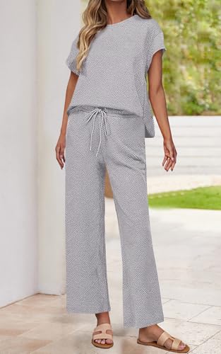 Image of PRETTYGARDEN 2 Piece Outfits For Women Casual Tracksuit Short Sleeve Tops And Wide Leg Long Pants Matching Lounge Sets