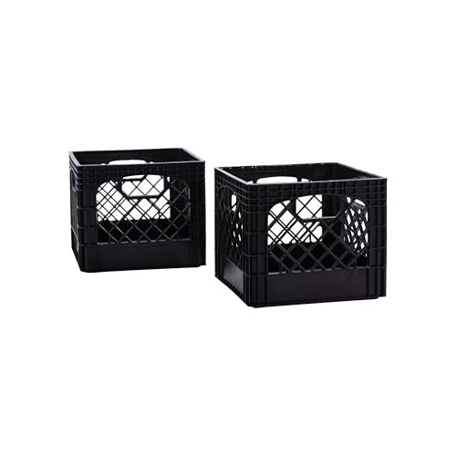 Image of Plastic Milk Crate Storage Tote with Handles, 16-Quart Stackable Cube Organizer for Garage, Home, and Office, Made in the USA, 13" x 13" x 11" (2-Pack) - Black