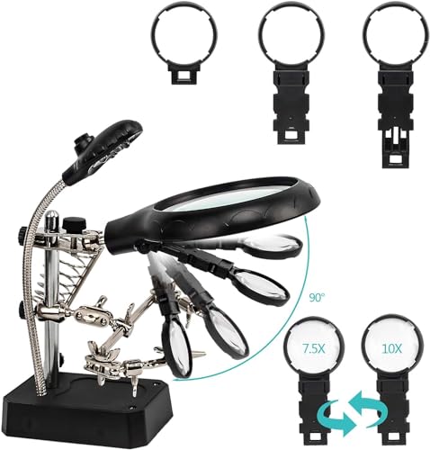Image of LED Light Helping Hands Magnifier Soldering Station - 2X 4X USB Lighted Hands Free Magnifying Glass Stand with Clamp and Alligator Clips - for Soldering, Assembly, Repair (Black, M)