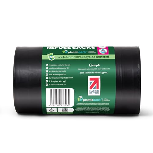 BIN IT 40 Everyday 70L Strong & Secure, Refuse Sacks, Bin Bags, Bin Liners, Flat Top, Recycled, Tear Resistant, 30 μm, Perfect for Everyday Use, Household, Office, Kitchen & Caterers