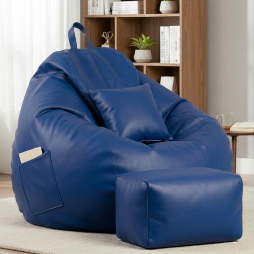 Image of KAM'S LIEU 5XL Luxury Faux Leather Bean Bag with Footrest & Cushion | Pre-Filled High-Density Polystyrene Beans | Premium Leatherette | 6 Months Warranty Color- (Royal Blue, with Footrest)