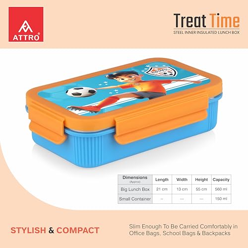 Image of ATTRO Treat Time Stainless Steel Insulated Lunch Box with Inner Steel Body, Airtight 4-Side Lock Lid, Leakproof Silicone Seal, Small Container-560ml+150ml-Football Champ Blue
