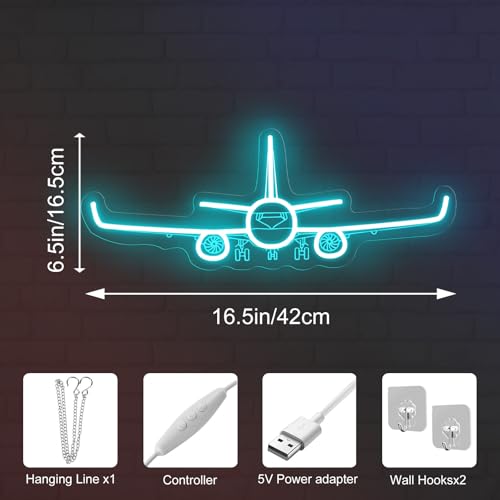 Image of Airplane Neon Sign, Handmade LED Light, Airplane Wall Decort, Gifts for Pilot, Aviation Lover Gift, Kids Room Decor, 16.5 inchx6.5 inch, Ice Blue