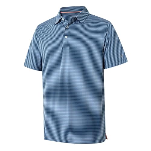 Mens Golf Shirt Moisture Wicking Dry Fit Performance Sport Short Sleeve Striped Golf Polo Shirts for Men, Blue Denim Stripe, XXL
