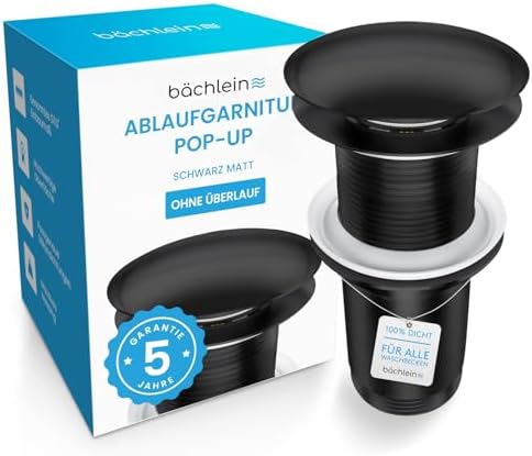 Bächlein Universal Ablaufgarnitur ohne Überlauf – Matt Schwarz | Universal Pop Up Ablaufventil aus Messing – Abflussgarnitur für Waschbecken und Waschtisch ohne Überlauf – Push-Pus