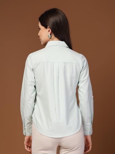 Image of Style Quotient Women Gray and White Cotton Stripe Smart Casual Shirt