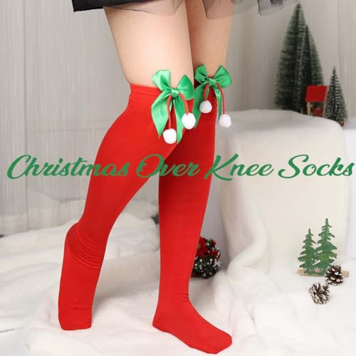 Image of Christmas Party Over Knee Socks Thigh High Stockings Leg Bow Hairball Thigh High Long Stockings for Women and Girls