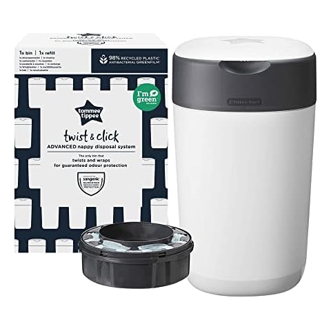 Tommee Tippee Twist and Click Advanced Nappy Bin, Eco-Friendlier System, Includes 1x Refill Cassette with Sustainably Sourced Antibacterial GREENFILM, White Cover