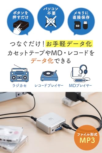 サンワダイレクト オーディオキャプチャー パソコン不要 アナログ音声デジタル化 SD/USBメモリ 保存 カセット/MD/レコード MP3変換 RCA/ステレオミニ外部入力 400-MEDI025