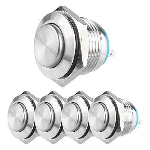 Larcele 16mm Push Button Switch Waterproof Momentary Metal DIY Switch 1No Stainless Steel Shell JSANKG-01,5 Pieces(J Pin Terminal,High Round Head)
