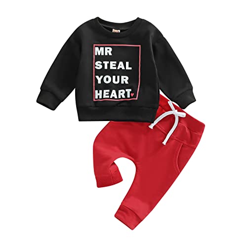 Image of Toddler Baby Boy Valentines Day Clothes Set Long Sleeve Letter Print Sweatshirt with Solid Trousers Pants Fall Outfit