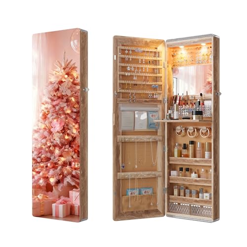 Lvifur 47.2" LED Jewelry Mirror Cabinet,Lockable Wall/Door Mounted Full Length Mirror with Storage, Over the Door Hanging Jewelry Organizer-2 Drawers,Foldable Shelf, Built-in Lighted Mirror