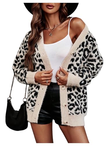 WDIRARA Women's Leopard Knit Button Up Cardigan Fuzzy Sweater V Neck Long Sleeve Outerwear