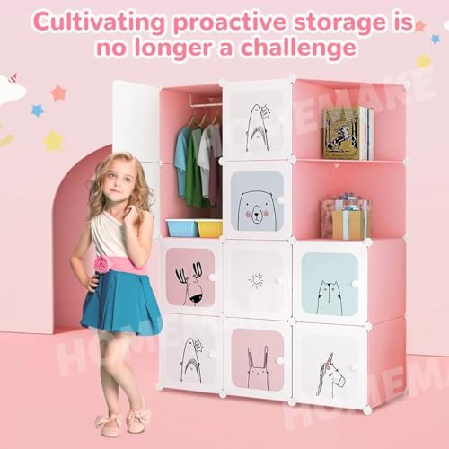 Image of Kids Plastic Collapsible Wardrobe Organizer for Storage | Cute Cartoon Design | Heavy Duty Cloth Organizer for Storage | Easy to Assemble | Perfect for Kids Room & Home (Pink-C3)