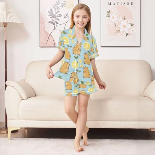 senya Cute Capybara and Lemon Satin Summer Pajama Sets Silk Short Sleeve Button Down Sleepwear4