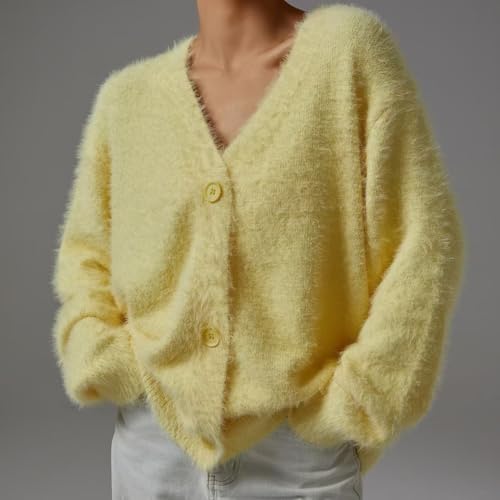 Image of chouyatou Women Furry Open Front Cardigan V-Neck Loose Casual Fluffy Knit Button Down Sweater Coat