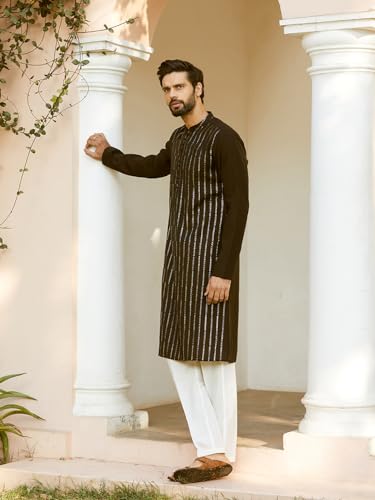 Image of See Designs Men Full Sleeve Chanderi Silk Sequins Mandarin Collar Side Slit Kurta