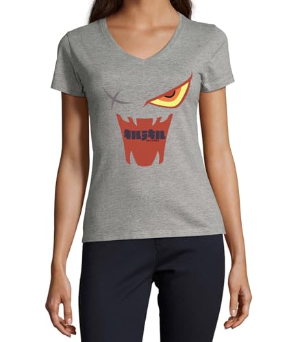 T-shirt à col en V en coton bio gris Anime 110 premium pour femme