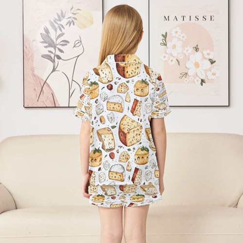 Satin Pajama Sets Short Sleeve Various Cheese Food Button Down Silky Nightwear 2 Piece PJS 5-14Y4