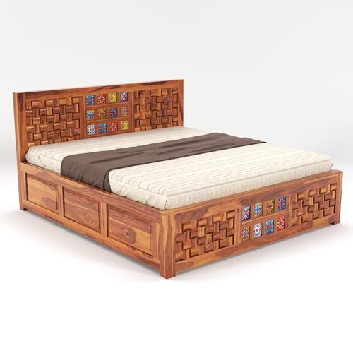 Image of Sheesham Wood Niwar Queen Size Bed with Box Storage for Living Room Wooden Furniture for Home (Honey Brown)