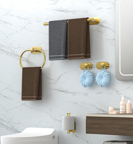 5 Pcs Brushed Gold Bathroom Hardware Accessories Set with 16\" Towel Racks for Bathroom, Towel Ring, Toilet Paper Holder & 2 Bath Hooks, SUS304 Stainless Steel Wall Mounted Towel Bar Set - Thumbnail 7