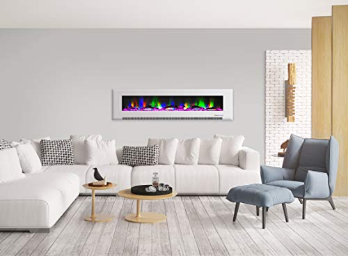 Wall-Mount Electric Fireplace in White Cambridge CAM78WMEF-2WHT 78 In. Wall-Mount Electric Fireplace in White with Multi-Color Flames and Driftwood Log Display