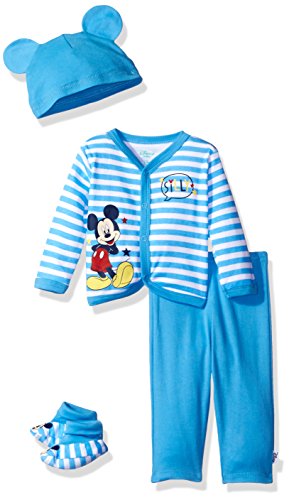 Disney Baby Boys' Mickey Mouse 4-Piece Cardigan, Pant, Booties, and Hat Set, Azure Blue, 0/3