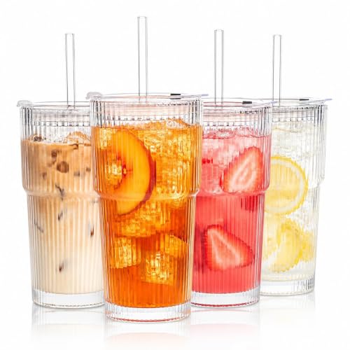 ALINK 4 Stück 600ml Gerippte Glasbecher mit Deckel und Strohhalm, dickwandige und robuste Smoothie Becher aus hochwertigem Glas… – Ansicht 1