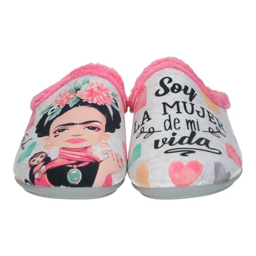 VULCA-BICHA 1371 Zapatillas de estar por casa para mujer, con estampado de Frida Kahlo animada, chinelas de invierno con plantilla extraible, hechas en España MUJER ZAPATILLAS CASA VERDE 38