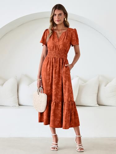 Image of Simplee Womens Summer Boho Maxi Dress Semi Formal Wedding Guest Short Sleeve V Neck Empire Waist Floral Long Dresses