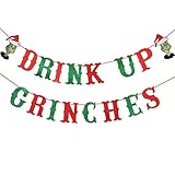 Drink Up Grinches Banner Red and Green Glitter- Christmas Party Supplies, Grinch Christmas Decoratio
