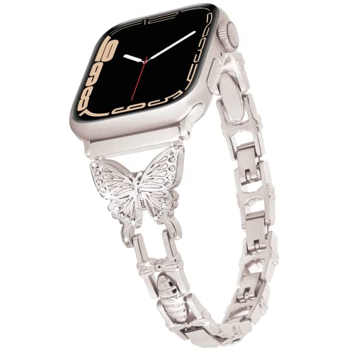 Butterfly Band Compatible with 【Starlight】 Apple Watch Band 45mm 44mm 42mm iWatch Series 7 6 SE 5 4 3 2 1, Cute Slim Metal Jewelry Bands for Women, Fancy Bling Rhinestone Diamond Dressy Stra